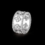 Perlée Clovers Ring, Medium Model - Rhodium-Plated 18K White Gold and Diamonds