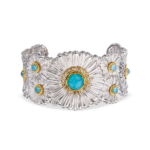 BLOSSOMS COLOR Gold-Vermeil Silver Daisy Cuff Buccellati,Bracelet with Light Blue Agate and Fancy Diamonds - Image 3