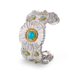 BLOSSOMS COLOR Gold-Vermeil Silver Daisy Cuff Buccellati,Bracelet with Light Blue Agate and Fancy Diamonds
