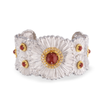 BLOSSOMS COLOR Gold-Vermeil Silver Daisy Cuff Buccellati,Bracelet with Red Jasper and Fancy Diamonds